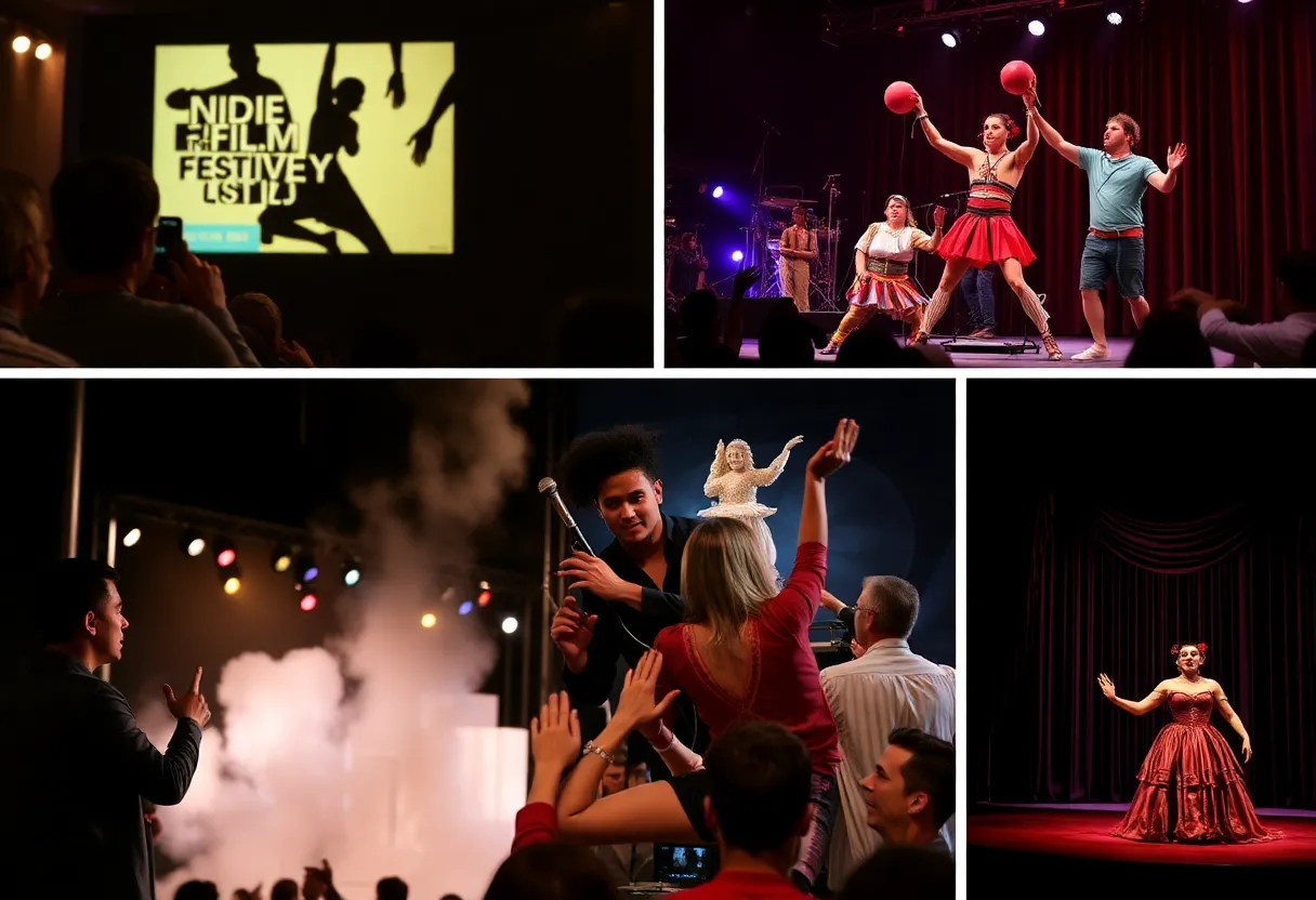 A collage depicting various cultural events in Oklahoma City including indie films, circus performances, and opera.