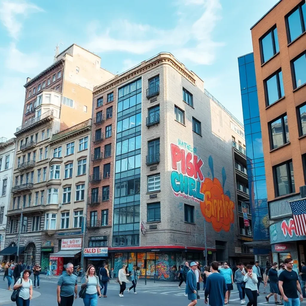 Graffiti on downtown Oklahoma City buildings with people walking by