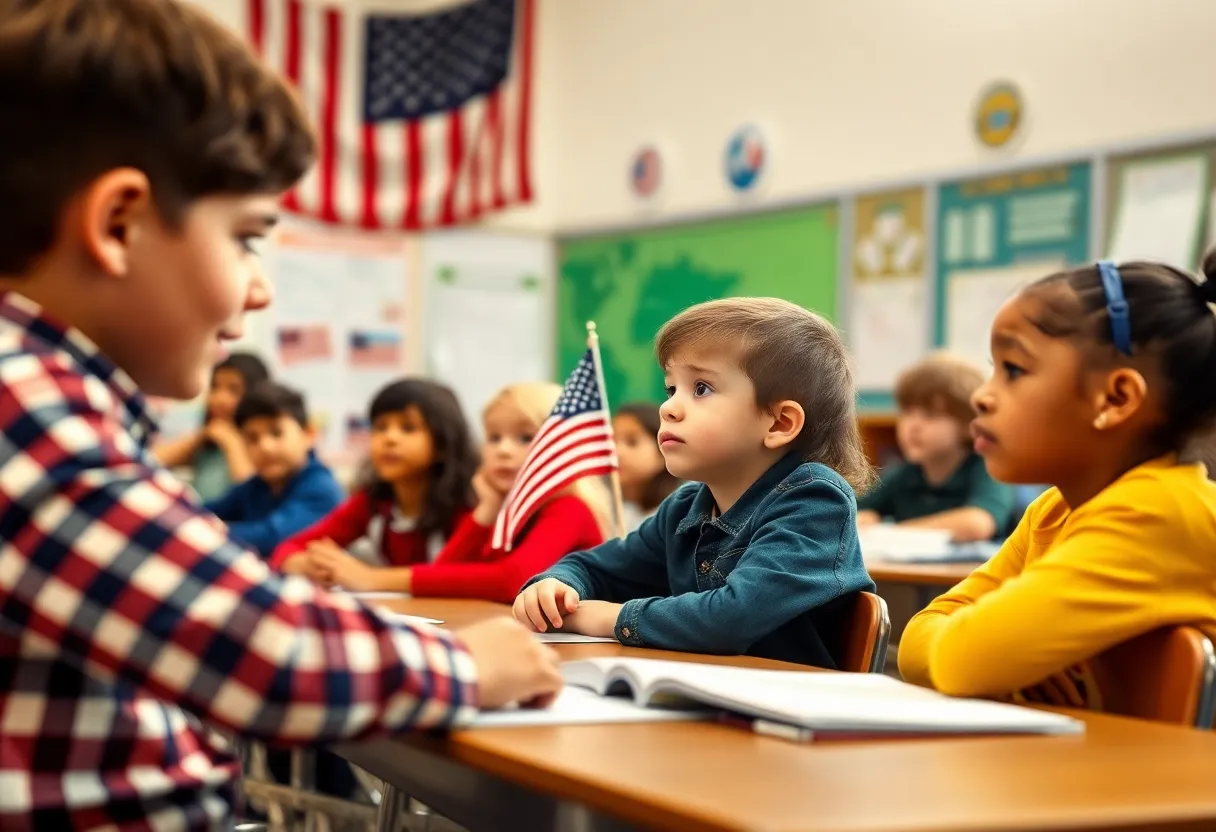 Students learning about American history in a classroom