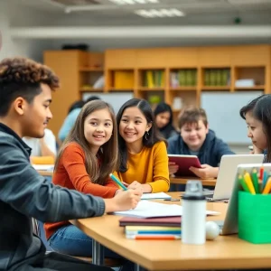 A diverse group of students in a classroom setting working on educational activities.