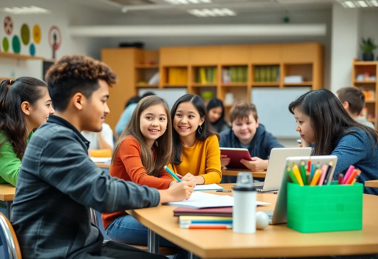 A diverse group of students in a classroom setting working on educational activities.