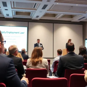 Business leaders engaged in discussions at the employment law symposium.