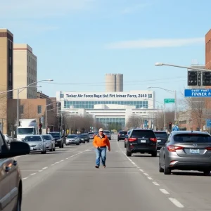 Oklahoma City federal employees on a busy street with Tinker Air Force Base in the background
