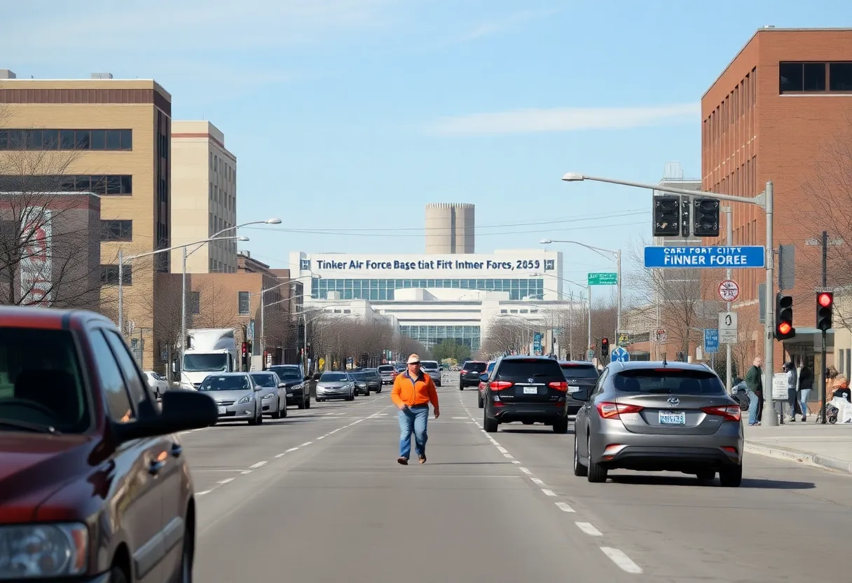 Oklahoma City federal employees on a busy street with Tinker Air Force Base in the background