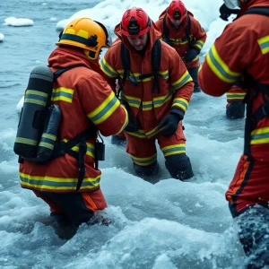 Firefighters rescuing a man from the North Canadian River