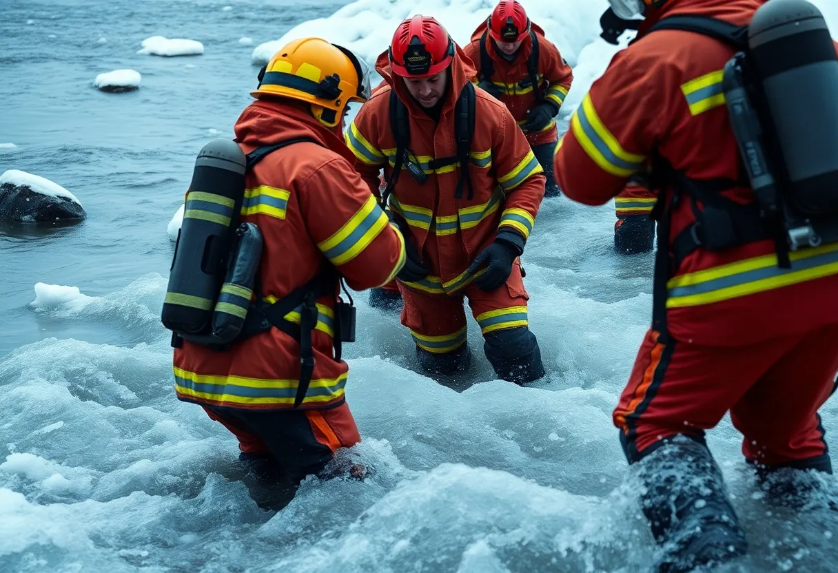 Firefighters rescuing a man from the North Canadian River