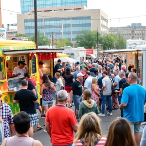 A lively food truck takeover event in downtown Oklahoma City with diverse cuisine offerings.