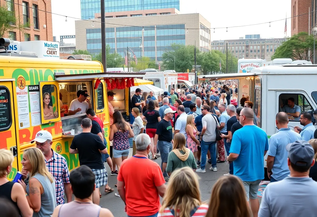 A lively food truck takeover event in downtown Oklahoma City with diverse cuisine offerings.