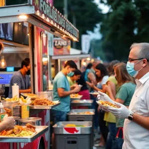 A bustling food truck festival with vendors and happy customers prioritizing food safety.