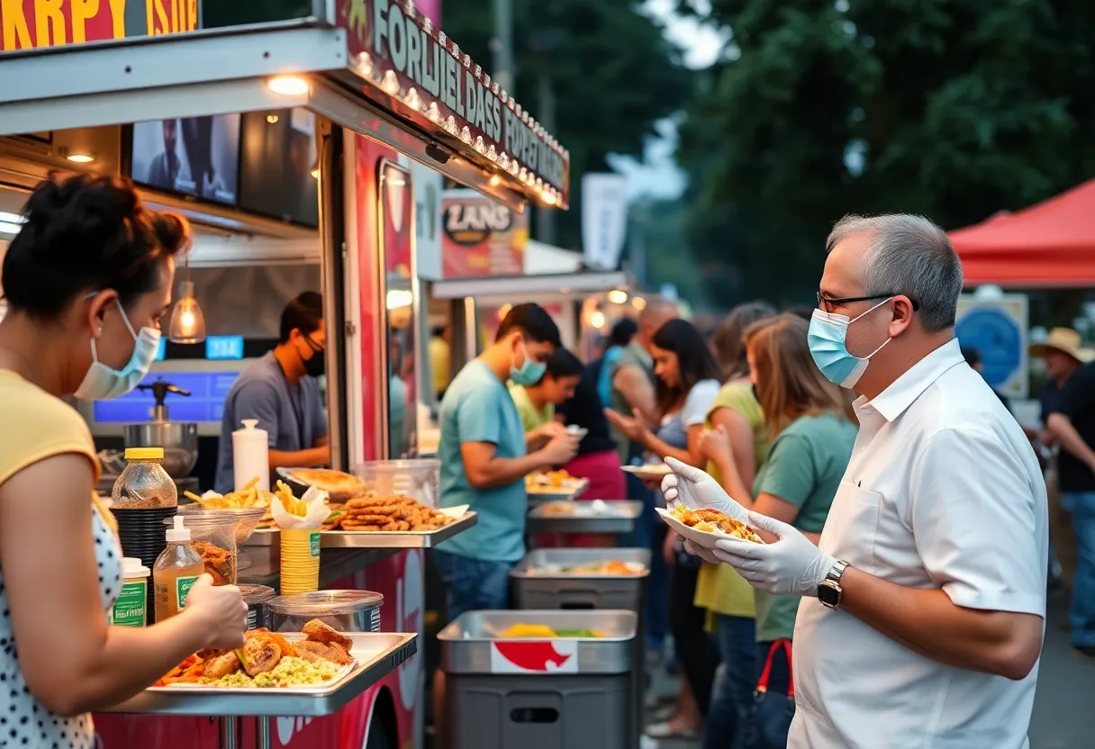 A bustling food truck festival with vendors and happy customers prioritizing food safety.