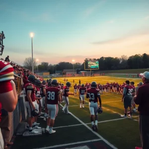 High school football players in action during a game in Oklahoma City with coaches and fans in the background.