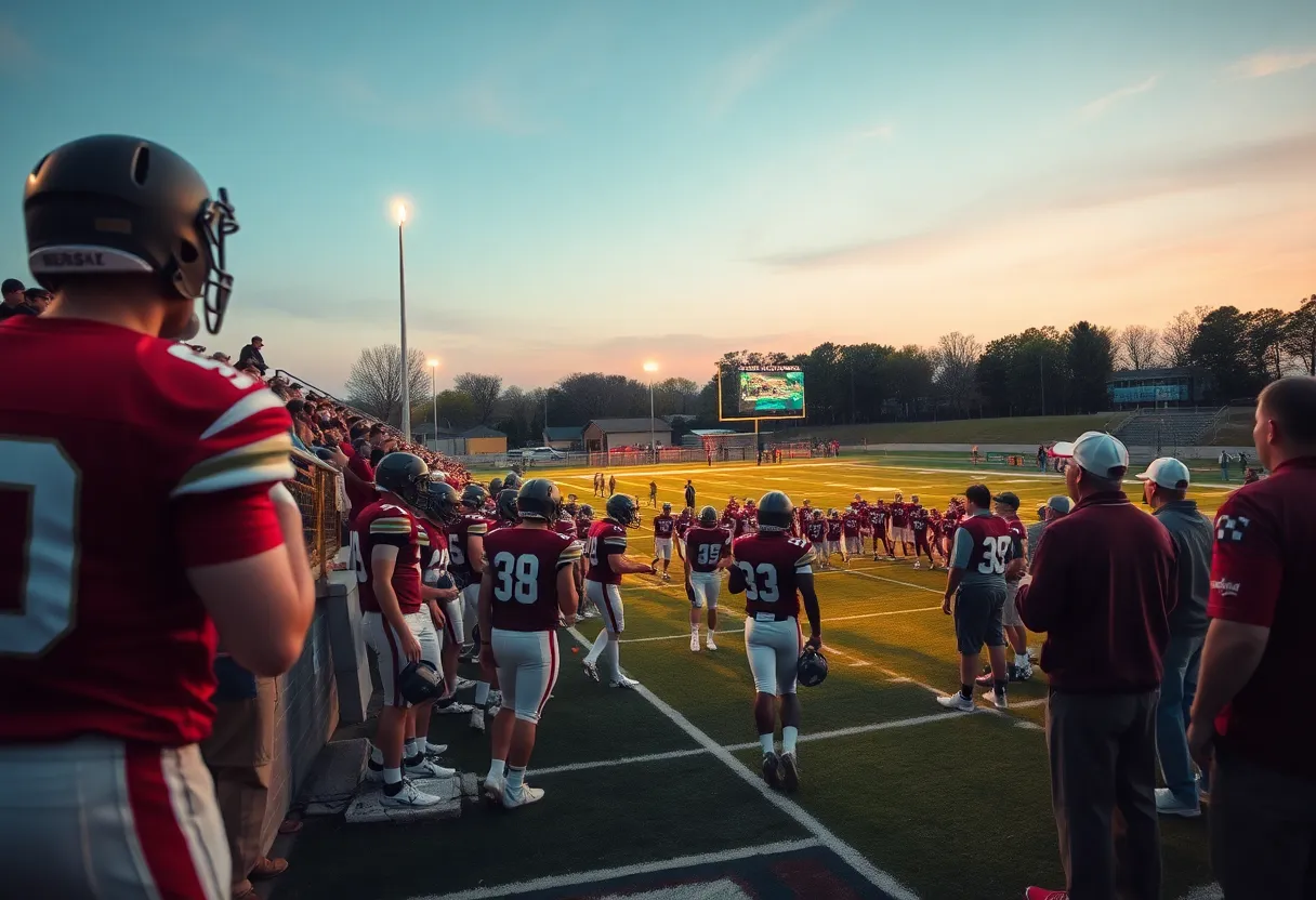 High school football players in action during a game in Oklahoma City with coaches and fans in the background.