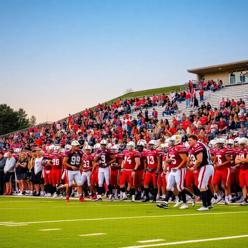 Exciting high school football game in Oklahoma City with fans cheering.