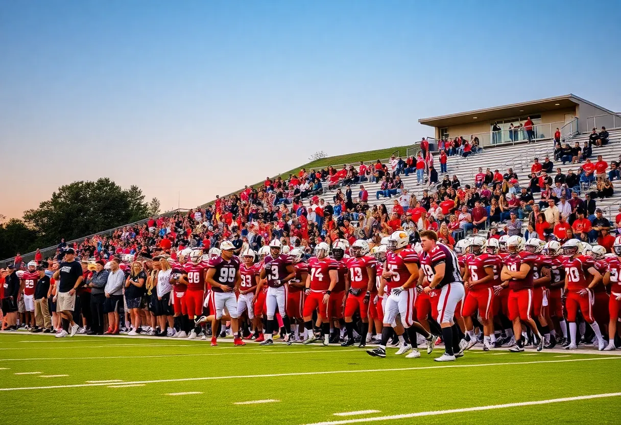 Exciting high school football game in Oklahoma City with fans cheering.