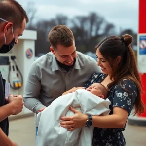 Couple celebrating the birth of their newborn at a gas station