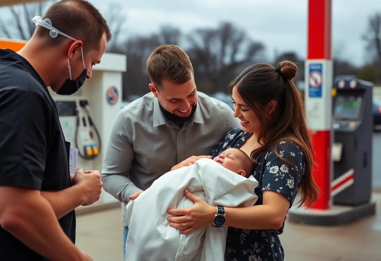 Couple celebrating the birth of their newborn at a gas station