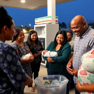 Gas station scene with community members assisting in a childbirth