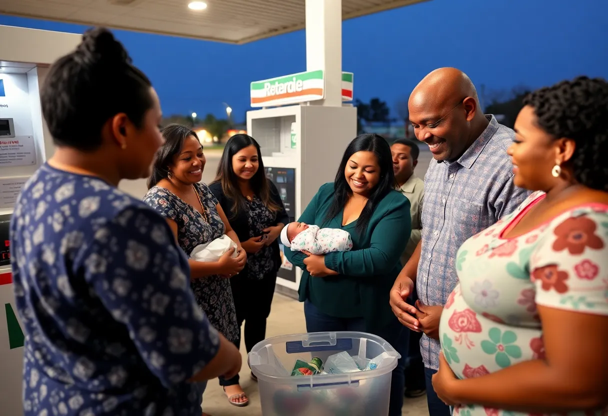 Gas station scene with community members assisting in a childbirth