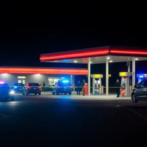 Crime scene at a gas station in Oklahoma City with police presence