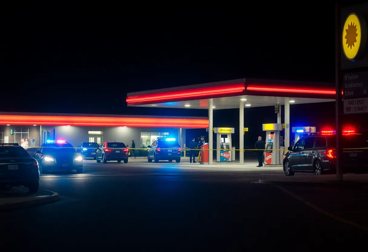 Crime scene at a gas station in Oklahoma City with police presence