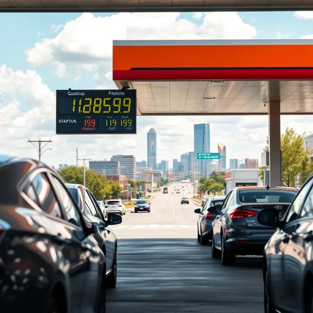 Cars fueling up at a gas station in Oklahoma City