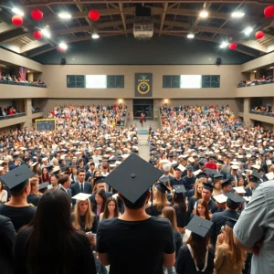 Graduation ceremony at a large venue in Oklahoma City with students and families celebrating.