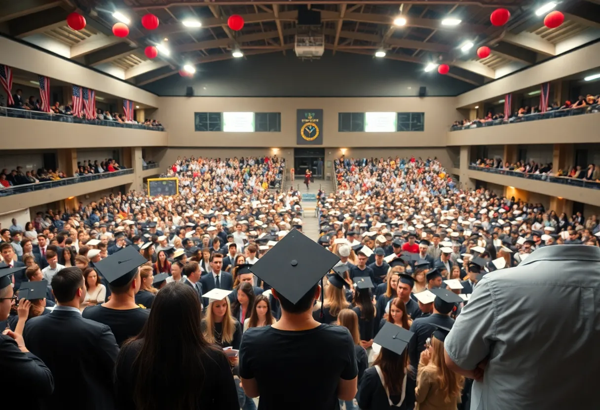 Graduation ceremony at a large venue in Oklahoma City with students and families celebrating.