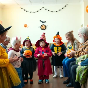 Children in Halloween costumes with seniors at a living center