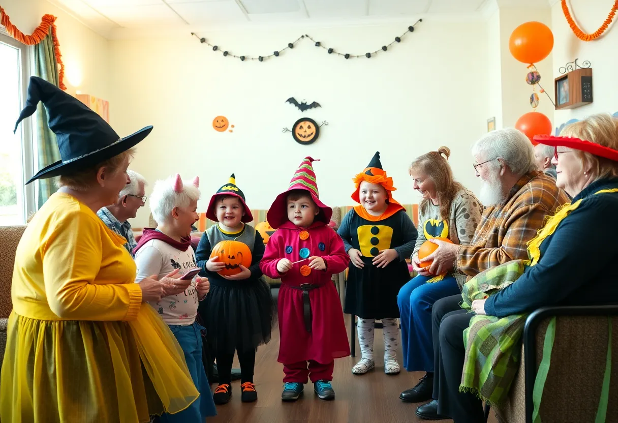 Children in Halloween costumes with seniors at a living center