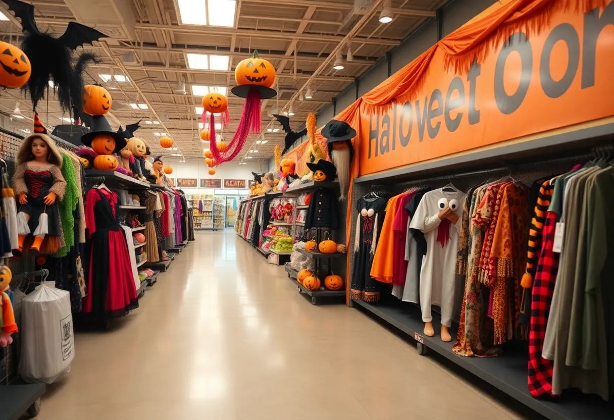 Empty Halloween retail store with costumes and decorations