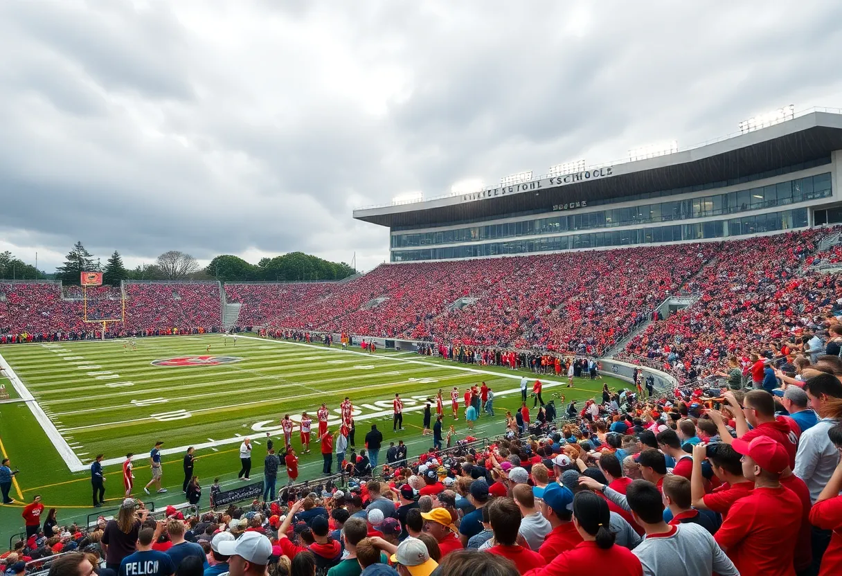 Fans cheering at a high school football game in Oklahoma City under rainy weather