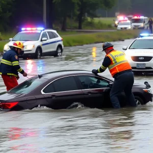 Emergency responders rescuing a vehicle submerged in the Oklahoma River during high-speed police chase.
