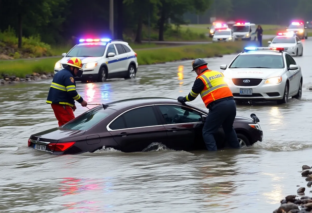Emergency responders rescuing a vehicle submerged in the Oklahoma River during high-speed police chase.