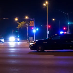 A busy intersection in Oklahoma City at night with police presence and an unclear silhouette of a dark sedan.