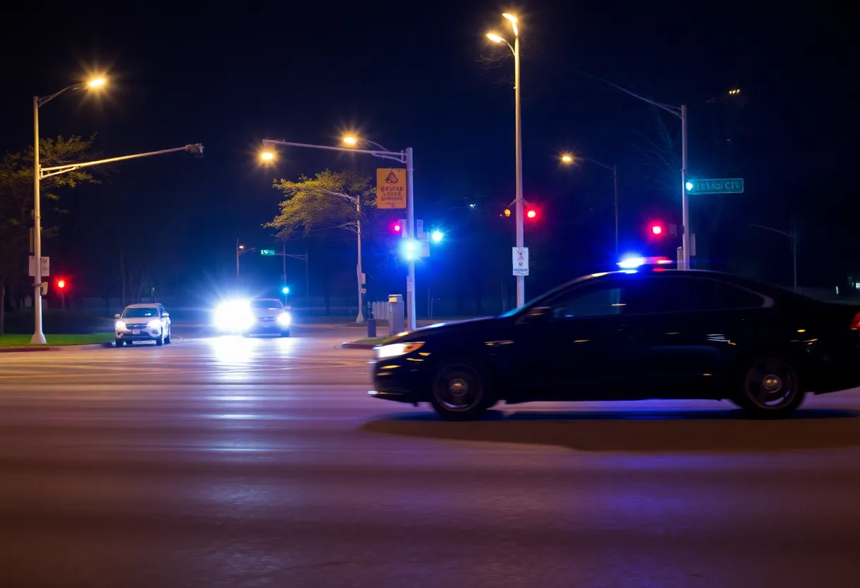 A busy intersection in Oklahoma City at night with police presence and an unclear silhouette of a dark sedan.