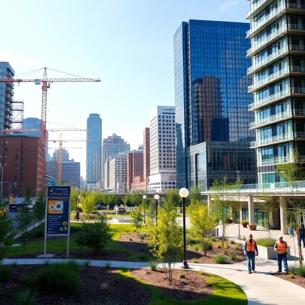 Development of infrastructure in Oklahoma City with parks and construction.