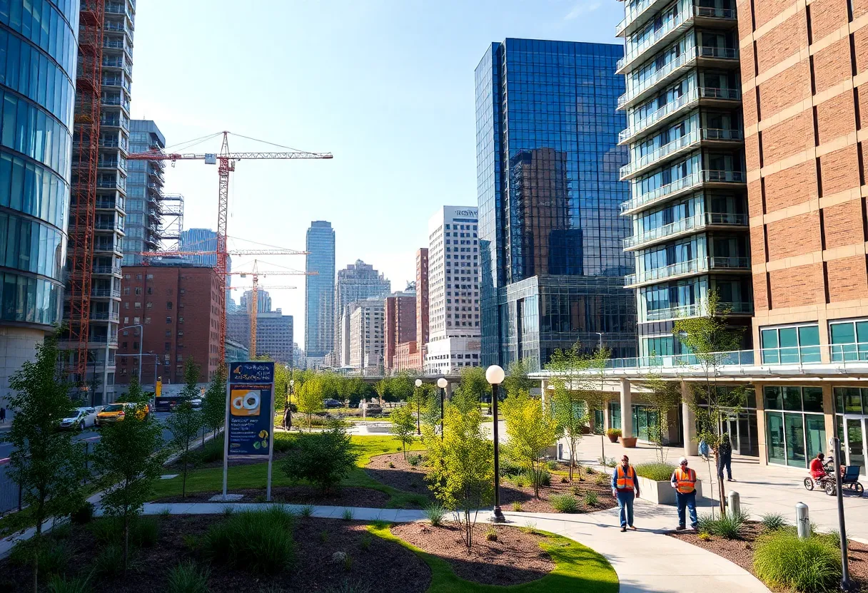 Development of infrastructure in Oklahoma City with parks and construction.
