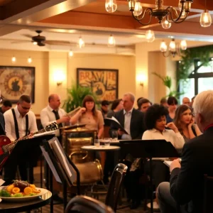 Live jazz performance at the Oklahoma City Jazz Brunch with attendees enjoying gourmet food.