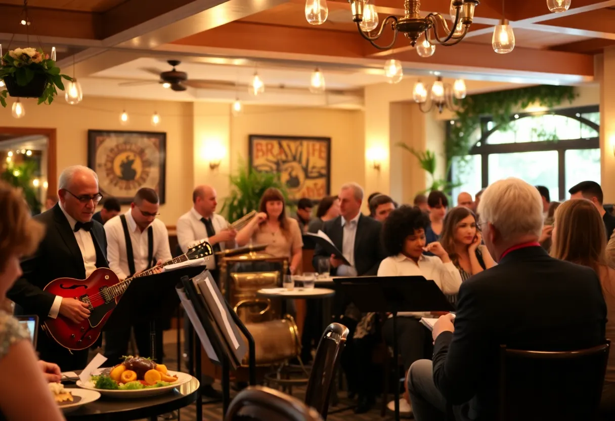 Live jazz performance at the Oklahoma City Jazz Brunch with attendees enjoying gourmet food.