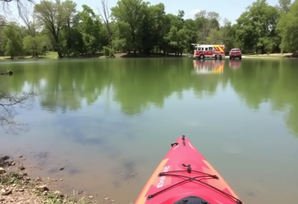 Rescue scene at a pond in Oklahoma City with emergency responders