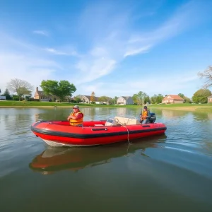 Rescue boat at a pond in Oklahoma City during a kayak incident