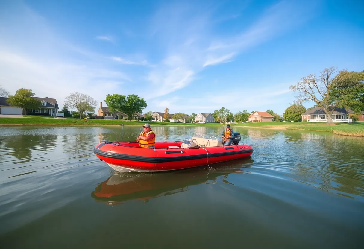 Rescue boat at a pond in Oklahoma City during a kayak incident