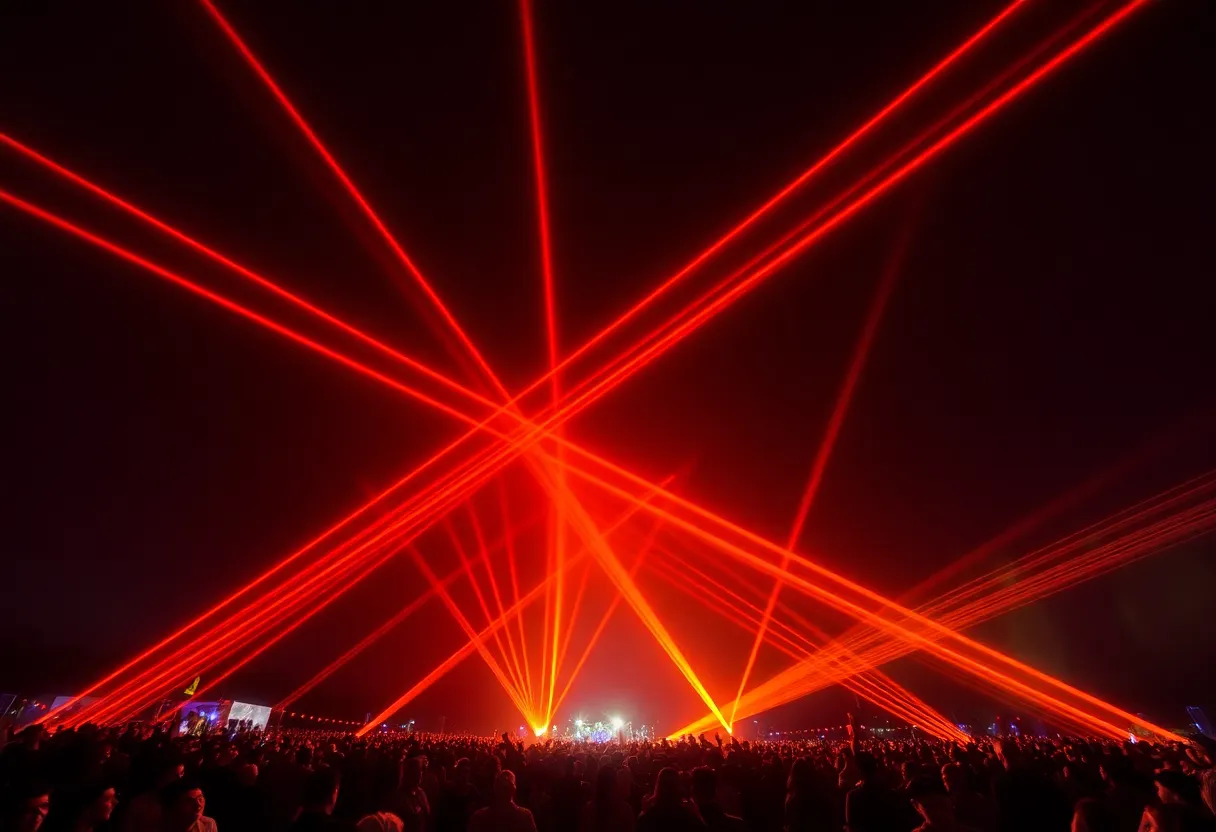Orange laser display lighting up the sky at Stillwater during an entertainment event.