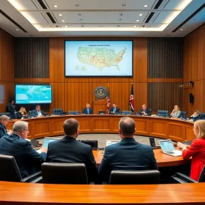 Lawmakers in Oklahoma City discussing emergency communication upgrades in a meeting room.