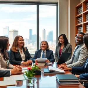A dynamic legal office in Oklahoma City showcasing teamwork among attorneys.