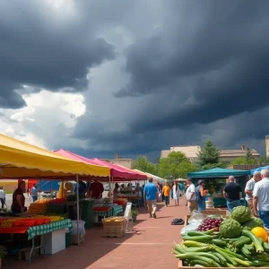 A sunny day at an outdoor market in Oklahoma City with vendors and visitors, overshadowed by approaching storm clouds.