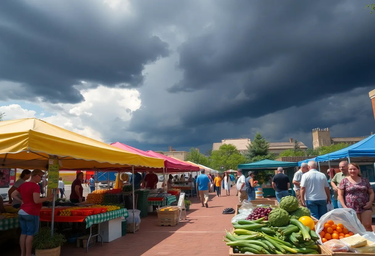 A sunny day at an outdoor market in Oklahoma City with vendors and visitors, overshadowed by approaching storm clouds.