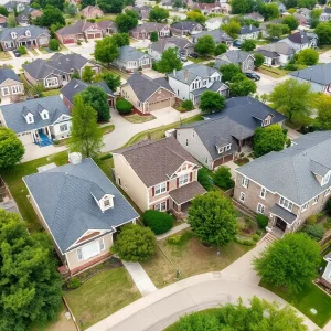 Aerial view of an Oklahoma City neighborhood with diverse homes.