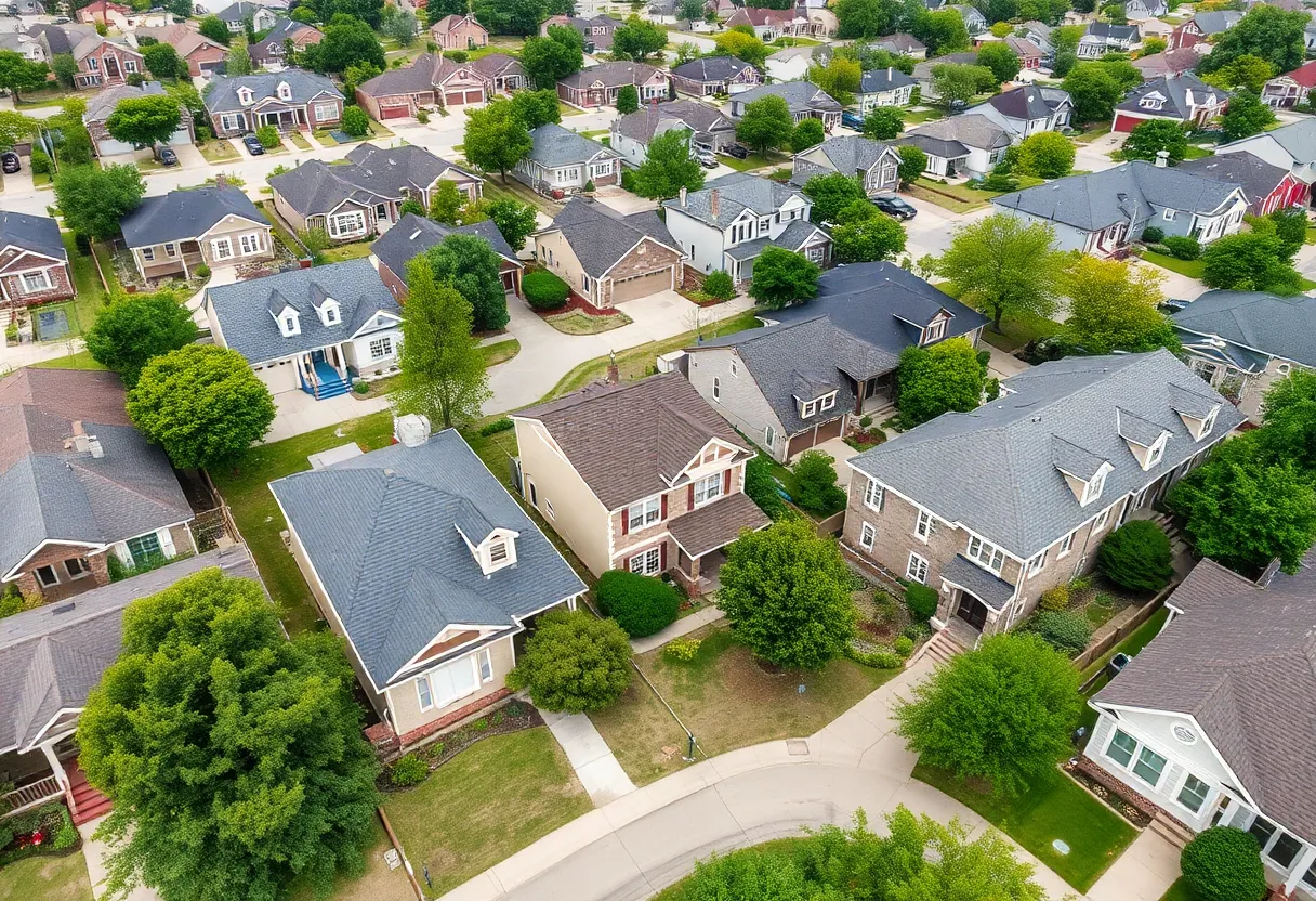 Aerial view of an Oklahoma City neighborhood with diverse homes.