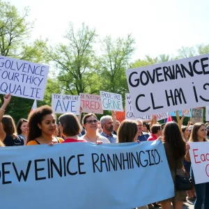 A group of peaceful protesters holding banners at Myriad Gardens in Oklahoma City